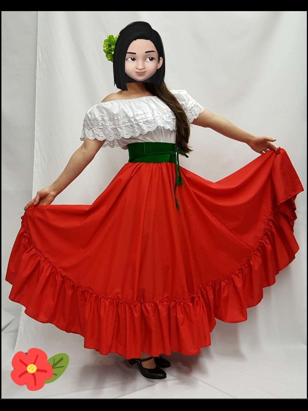 Traditional Mexican Traje Tipico Red Tiered Skirt with Green Waist Sash & Shirt